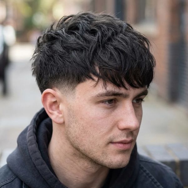 Messy Textured Fringe Low Taper Fade